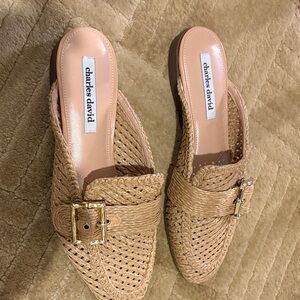 Charles David Woven Tan Mule Slides with Gold Buckle Detail